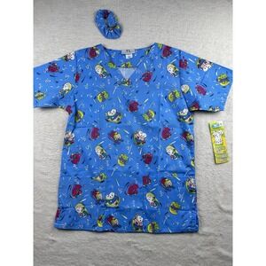 TL Uniforms Women's V Neck Scrub Top Size Small Blue With Animals Snow Skiing